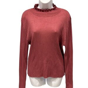 Stitch Fix x Wynter Rose Pink Ribbed with Ruffled Neckline Long Sleeve Top